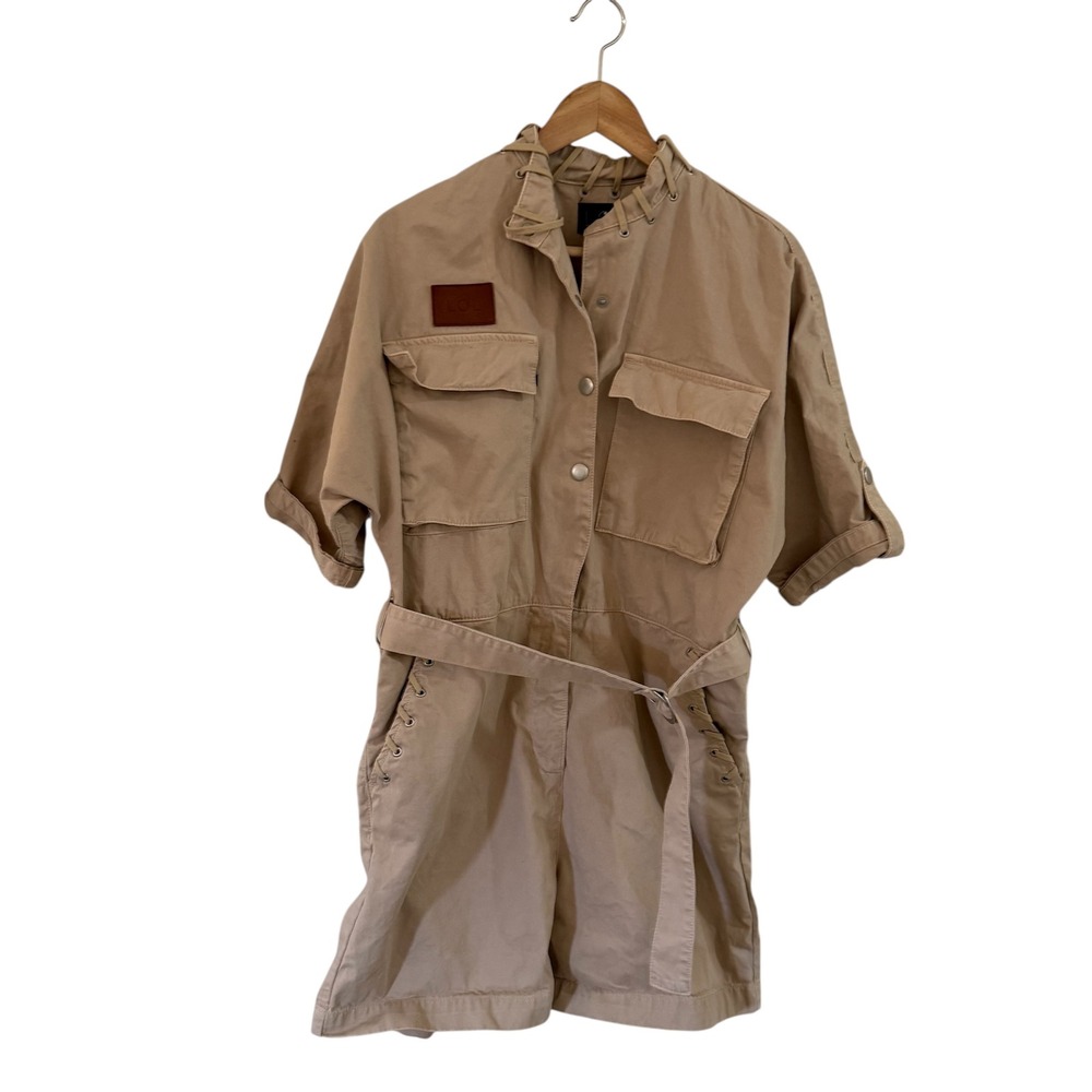 LOL Tan Utility Romper Button Front Belted Short Sleeve Casual Women‎